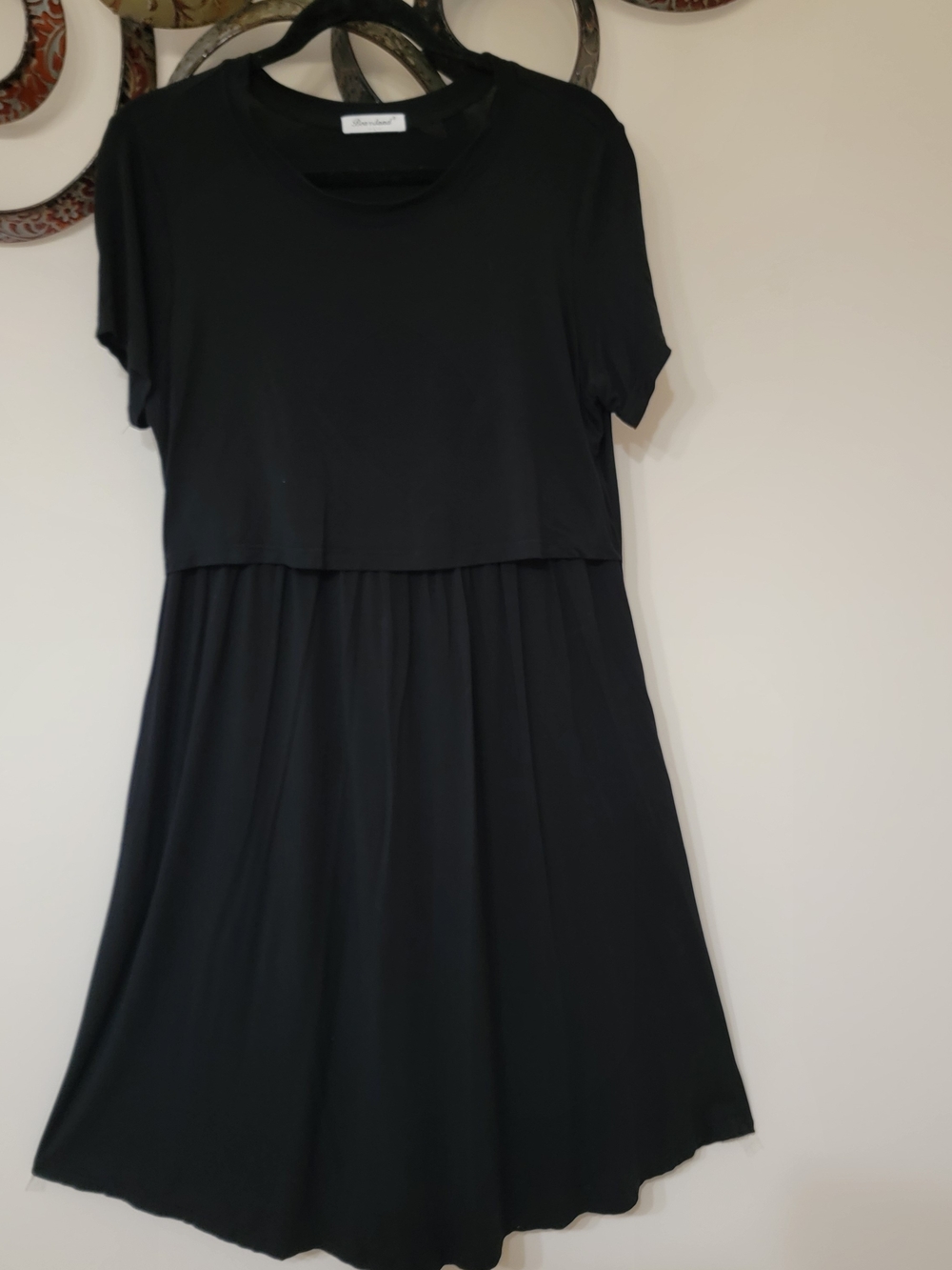 Bearsland Black Short Sleeve Midi Dress with Gathered Skirt